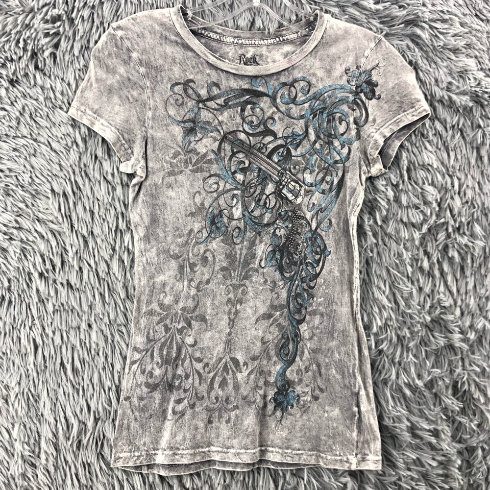 Wrangler Rock 47 Tshirt Womens Small Embellished Tye Dye Gray Cowgirl